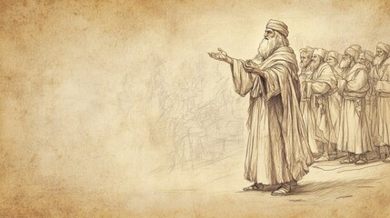 Fototapeta premium Deuteronomy's Divine Guidance: Moses reminding Israelites to seek God's will through priests. Biblical illustration with beige background for Bible wall art.