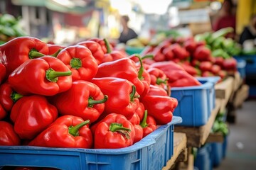 Heap Of Ripe Big Red Peppers At A Street Market. Peppers background with generative ai