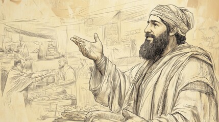 Fototapeta premium Deuteronomy's Blessings: Merchant prospering in business through obedience. Biblical illustration with beige background for Bible wall art.