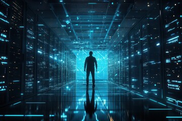 A technician inside a massive data center, surrounded by rows of servers with holographic displays showing network status, SciFi, Cool blue tones, Digital Art