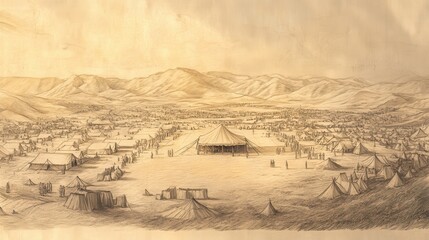 Deuteronomy's Camp: Panoramic view with Tabernacle at center. Biblical illustration with beige background for Bible wall art.