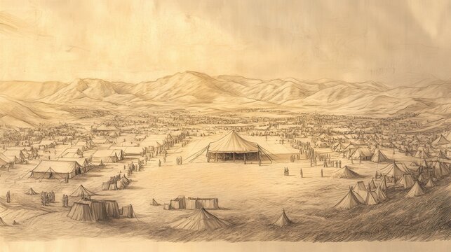 Deuteronomy's Camp: Panoramic view with Tabernacle at center. Biblical illustration with beige background for Bible wall art.