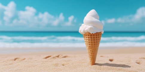 A homemade ice cream cone sits enticingly on a sandy beach, with the backdrop of gentle ocean waves and a vast blue sky.