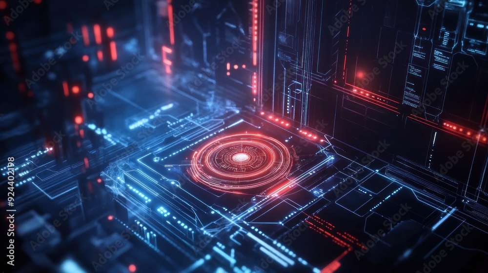 Poster futuristic digital interface with red and blue glowing lines