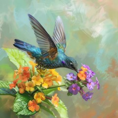 A Blue-chinned Sapphire hummingbird (Chlorestes notata) feeding on a wild Lantana flower. Tropical bird feeding. Hummingbird in flight