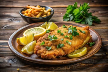 Crispy breaded chicken cutlet served with golden French fries and a slice of lemon on a rustic wooden table, garnished with fresh parsley.