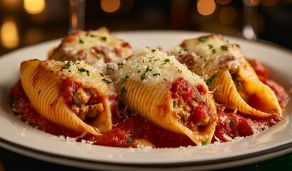 A plate of stuffed pasta shells with red sauce and cheese