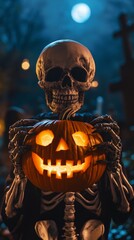 A skeleton holds in his hands a sinister Jack carved from an orange pumpkin against the background of a night cemetery