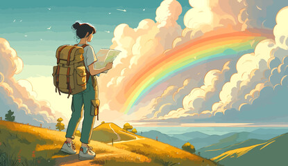 Tourist girl in the mountains, looking at the map. Hiker girl hiking or trekking with backpack walking in mountain forest outdoor wilderness landscape, vector illustration.