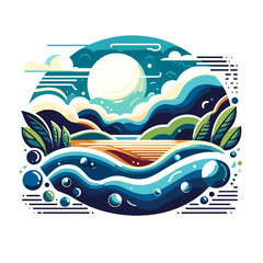 Vector design illustration featuring dynamic waves and floating bubbles or circles. Ideal for backgrounds or creative projects with a fluid, modern aesthetic. 