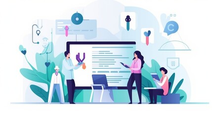 A group of people are working on a computer screen with a green background