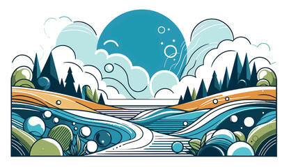 Vector design illustration featuring dynamic waves and floating bubbles or circles. Ideal for backgrounds or creative projects with a fluid, modern aesthetic. 