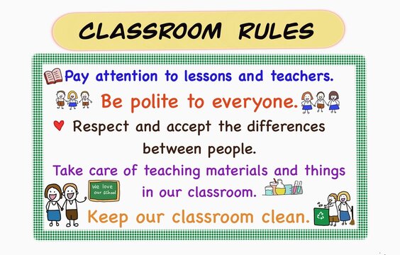 Hand drawn picture of Classroom rules, decorated with cute cartoons drawing. Illustration for education. Concept, idea for teacher and students to create rules together. Classroom  management. 