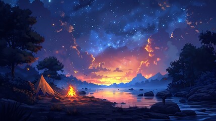 Fototapeta premium A magical cartoon night at a campsite with cheerful campers gathered around a blazing campfire, beneath a clear, starry sky. The background includes glowing tents, a gentle river flowing nearby,