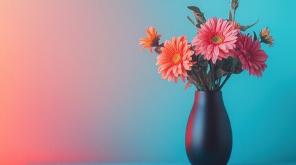 Vibrant Floral Bouquet in a Black Vase against a Blue Gradient Background