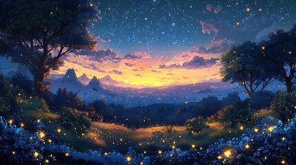 Fototapeta premium A magical cartoon night forest filled with fireflies and luminescent plants, under a starry sky with towering trees. Cheerful animals like foxes and rabbits exploring the magical forest,