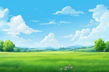 Obraz premium Lush Green Grass Meadow Under Vibrant Blue Sky. Fluffy Clouds and Colorful Blooming Flowers in a Beautiful Landscape anime-style Painting