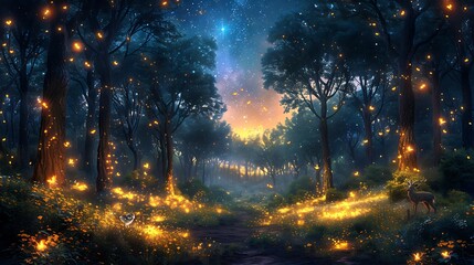 A magical cartoon night forest with fireflies and glowing plants lighting up the dark, under a clear, star-filled sky with towering trees.