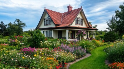 A charming white house with a red roof surrounded by a vibrant flower garden