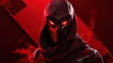A hooded figure with a red and black mask stares intensely
