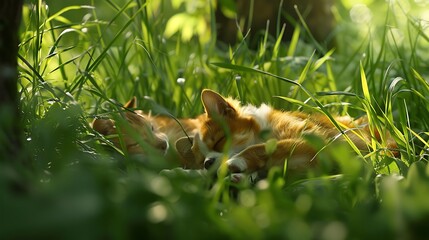 Obraz premium Adorable pets cuddling on a lush expanse of grasses