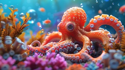 Obraz premium A magical cartoon ocean world with adorable sea creatures like octopuses, seahorses, and crabs playing around vibrant coral reefs, colorful corals, and floating bubbles.