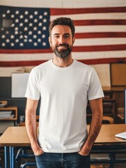 Fototapeta premium A man in a white T-shirt against the background of the American flag
