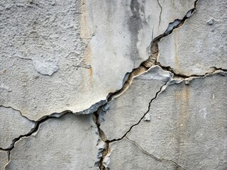 Damaged concrete wall with extensive crack, covered in gray cement mortar, revealing destructive aftermath of an earthquake, with ample copy space for repair or construction text.