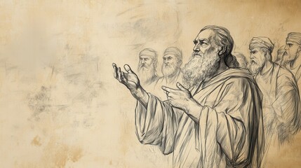 Fototapeta premium Deuteronomy's Binding Commandments: Moses instructing Israelites. Biblical illustration with beige background for Bible wall art.
