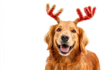 Portrait of a happy dog with deer antlers on his head on a Christmas background