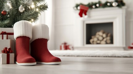 Fototapeta premium Christmas socks on the background of a Christmas tree, gifts and a fireplace