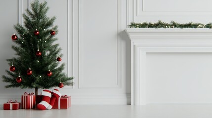 Christmas socks on the background of a Christmas tree, gifts and a fireplace