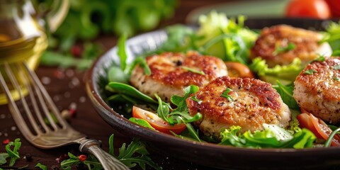 Plate of chicken cutlets with mixed salad greens