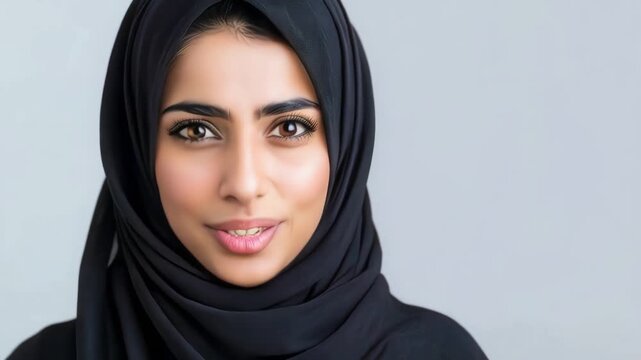 portrait of a woman in a black hijab and smile