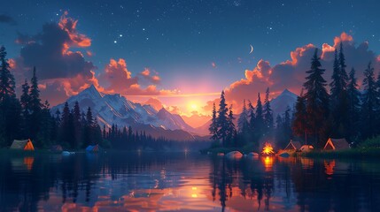 A whimsical cartoon campsite with happy campers sitting around a campfire, roasting marshmallows under a star-filled sky. The scene features colorful tents, tall pine trees,