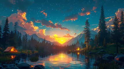 A whimsical cartoon campsite with happy campers sitting around a warm campfire, beneath a star-filled sky, with tents and trees in the background. The scene is filled with laughter, music, and a cozy,