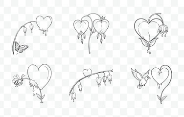 Print Bleeding Heart Flower Line Art Vector Set with Detailed Illustrations and Elegant Design for Creative Projects
