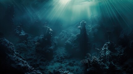 Obraz premium Sunlight Beams Through a Deep Ocean Coral Reef