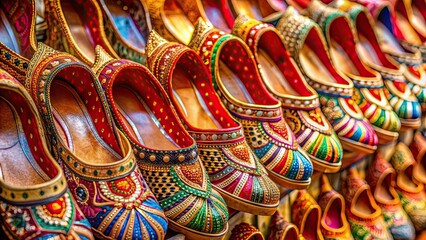 Fototapeta premium Handmade Punjabi Jutti shoes on display at a market in Punjab, India, Punjabi, Jutti, handmade, traditional, footwear
