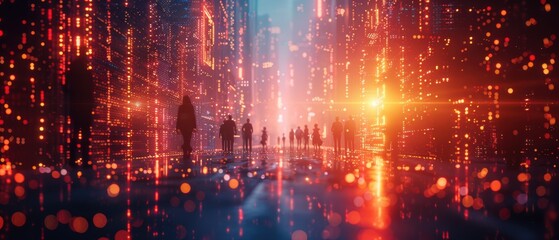 A 3D scene of people working together with digital elements, representing teamwork and connectivity.