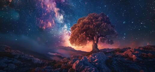 Night Sky with Milky Way Galaxy Over Majestic Colorful Tree. Breathtaking Celestial Scene in the Milky Way Landscape Background