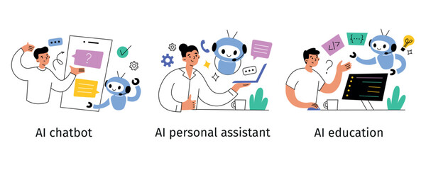 Set of vector illustrations with people using AI chatbot, personal assistant, and artificial intelligence education tools. Flat cartoon style, human interaction with robotics technology, innovations