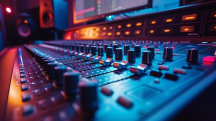 Fototapeta premium Empty professional studio used in music industry for producing tracks, mixing console and technical equipment in control room. Electronic panel board with sliders and buttons, daw software