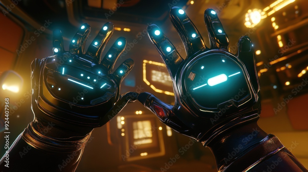 Poster futuristic gloves with illuminated fingers and display