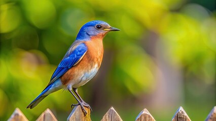 Obraz premium Eastern Bluebird perched on a fence in a garden, Eastern Bluebird, bird, wildlife, nature, blue, feathers, perched, fence, garden