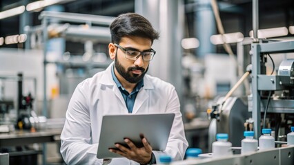 A portrait of an Indian quality control analyst conducting tests on products to ensure they meet quality standards.
