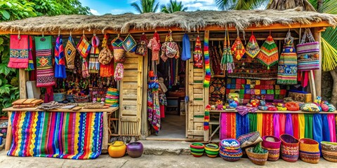 Traditional souvenir shop in Dominican Republic selling handmade crafts, colorful textiles