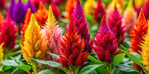 Close up of vibrant celosia flowers in various colors, celosia, flowers, colorful, vibrant, close up, bloom, garden, nature