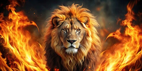 A powerful lion engulfed in flames, wildlife, fire, danger, majestic, fiery, intense, burning, feline, inferno