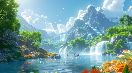 A whimsical cartoon rafting adventure with characters navigating a playful river with waterfalls and rapids, surrounded by lush green forests and vibrant flowers.